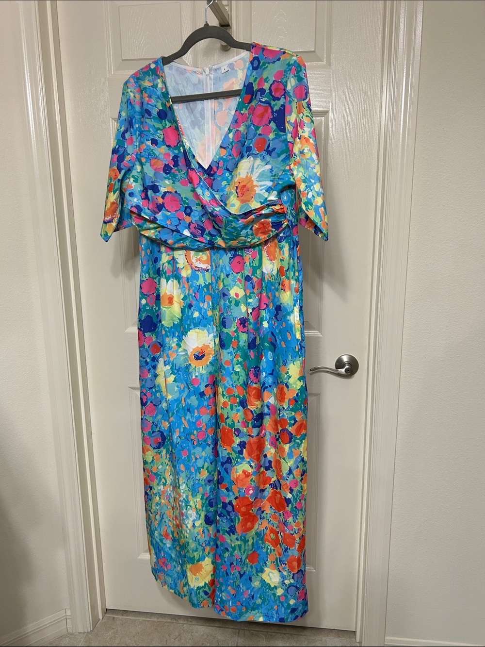 Floral Colorful Wide Leg Jumpsuit with Faux Wrap Bodice Happy Light n Flowy L